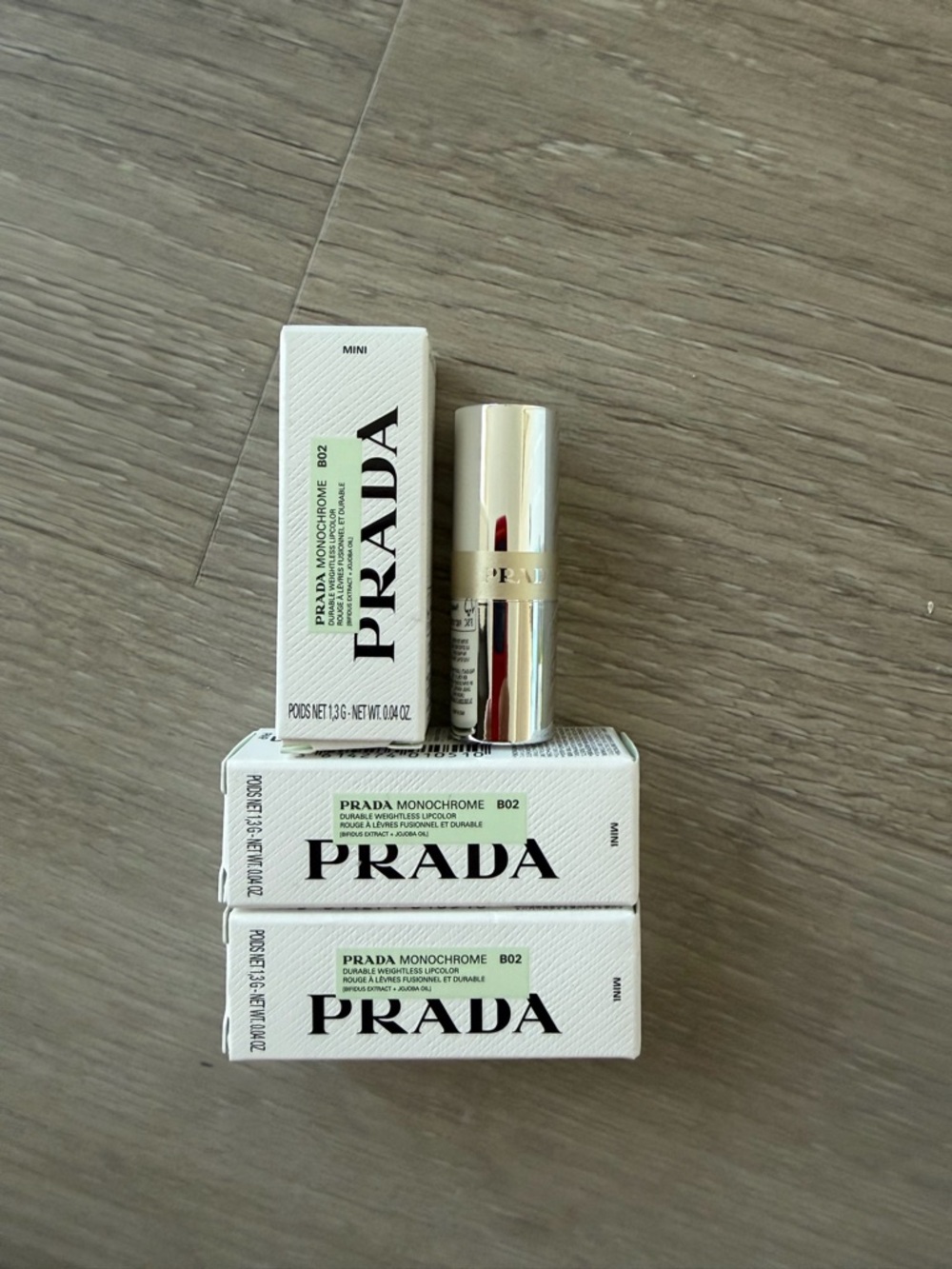 Prada Monochrome Lipstick B02 - Nude Beige with Gold Case